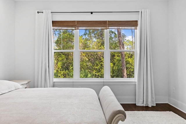 bedroom featuring multiple windows and dark hardwood / wood-style flooring