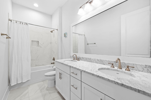 full bathroom featuring toilet, shower / bath combination with curtain, tile patterned flooring, and vanity