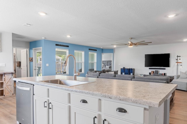 kitchen with ceiling fan, light wood-type flooring, stainless steel dishwasher, and sink