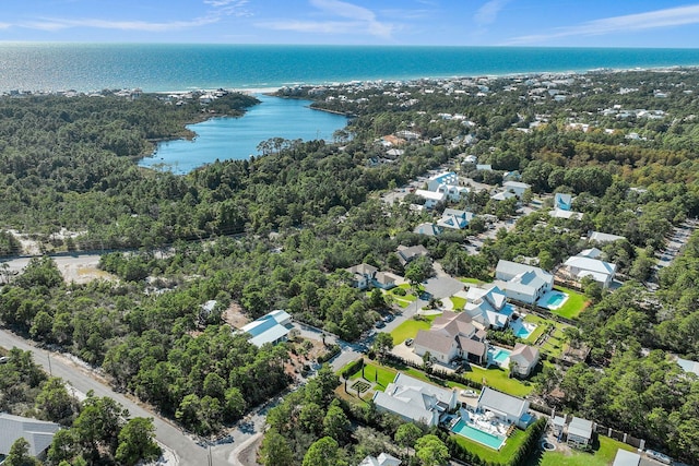 bird's eye view with a water view