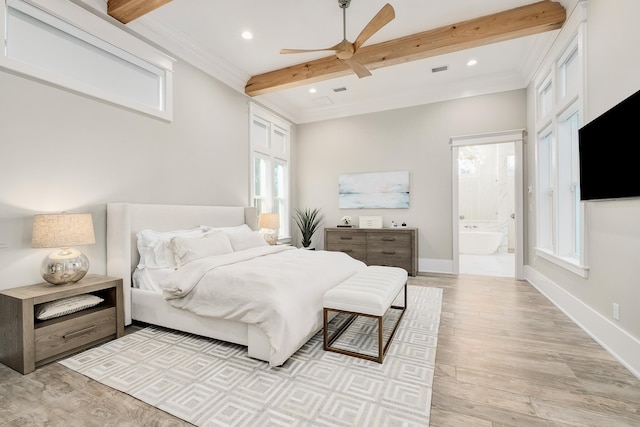 bedroom featuring light hardwood / wood-style floors, beamed ceiling, crown molding, ceiling fan, and ensuite bath