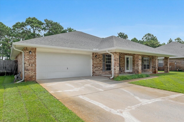 single story home featuring a garage, driveway, roof with shingles, a front lawn, and brick siding