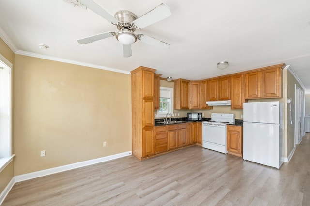 kitchen with sink, ornamental molding, light wood-type flooring, white appliances, and ceiling fan