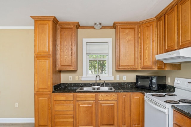 kitchen with sink, dark stone countertops, white electric range oven, and ornamental molding