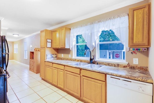 kitchen featuring crown molding, white dishwasher, sink, light tile patterned flooring, and black fridge