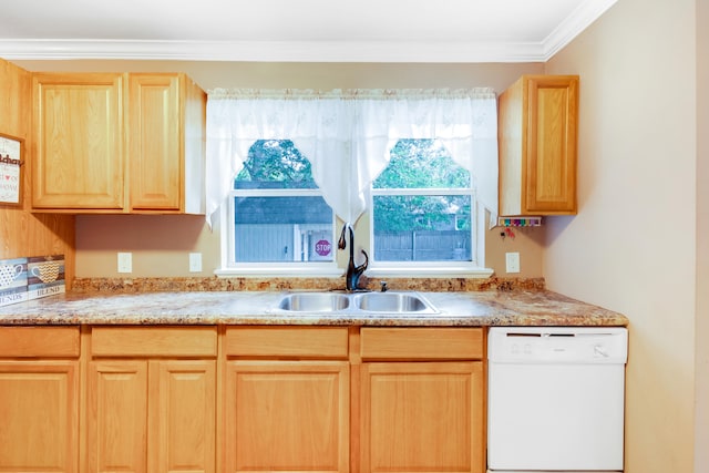 kitchen with ornamental molding, light brown cabinets, white dishwasher, and sink