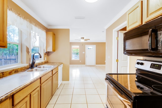 kitchen with white dishwasher, stainless steel electric range oven, sink, ornamental molding, and ceiling fan