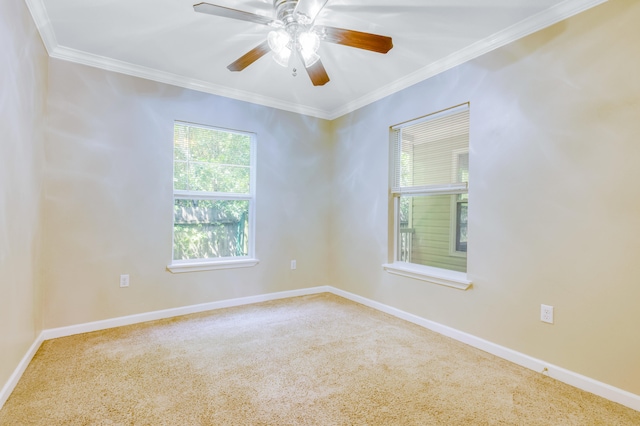 carpeted empty room with crown molding and ceiling fan