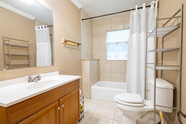 full bathroom with vanity, toilet, ornamental molding, and shower / bath combo with shower curtain