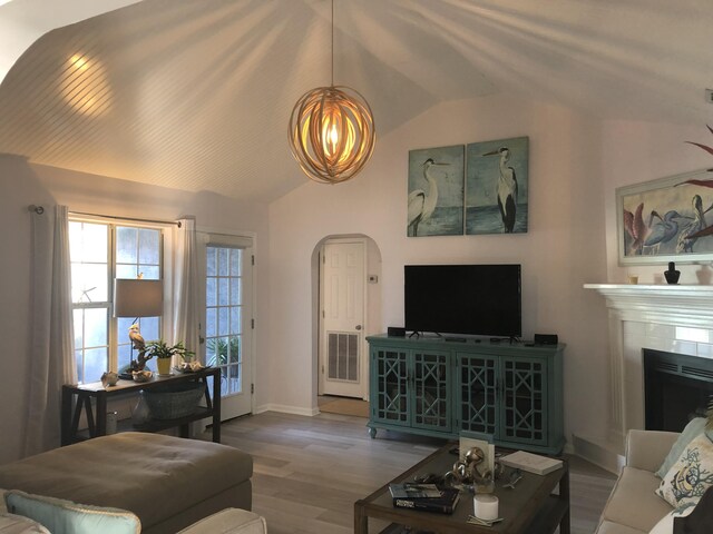 living room featuring lofted ceiling and wood-type flooring