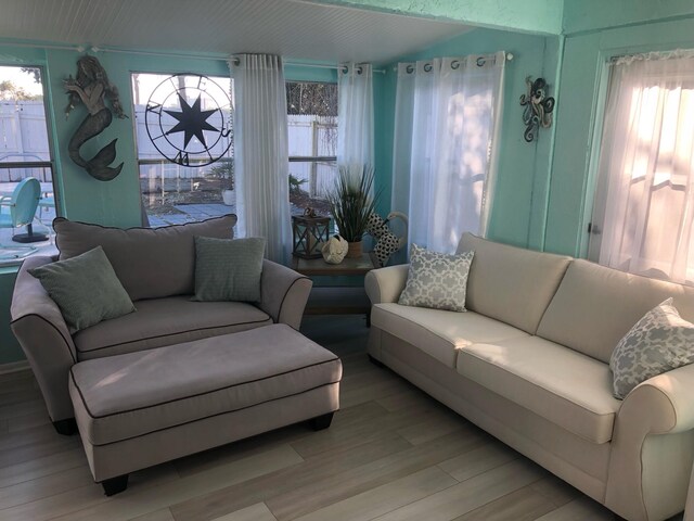 living room with plenty of natural light and light hardwood / wood-style floors