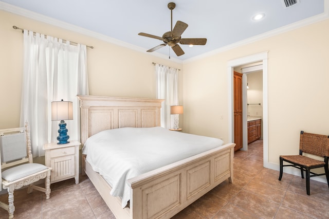 tiled bedroom with ensuite bath, ornamental molding, and ceiling fan