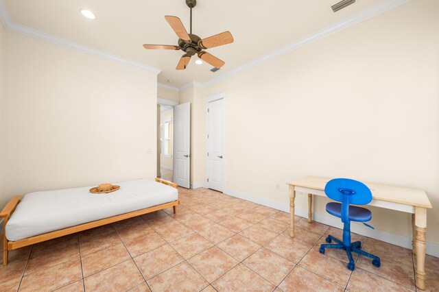 tiled bedroom featuring crown molding and ceiling fan