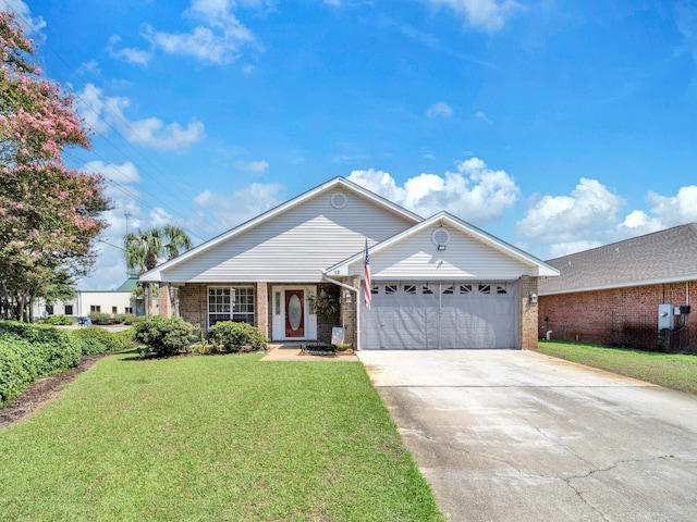 single story home with a garage, driveway, a front lawn, and brick siding