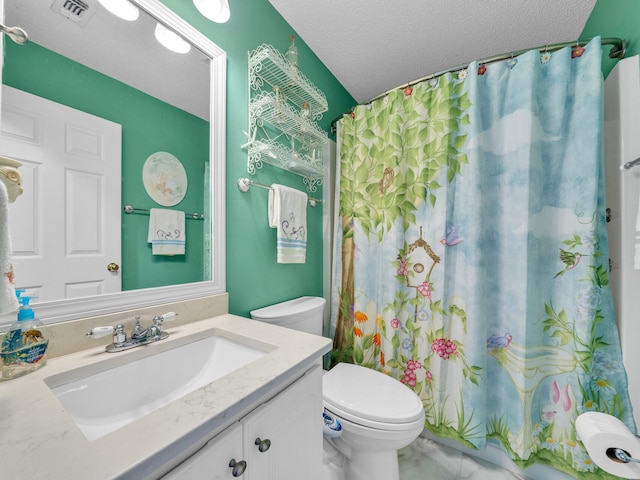 bathroom featuring visible vents, toilet, curtained shower, a textured ceiling, and vanity