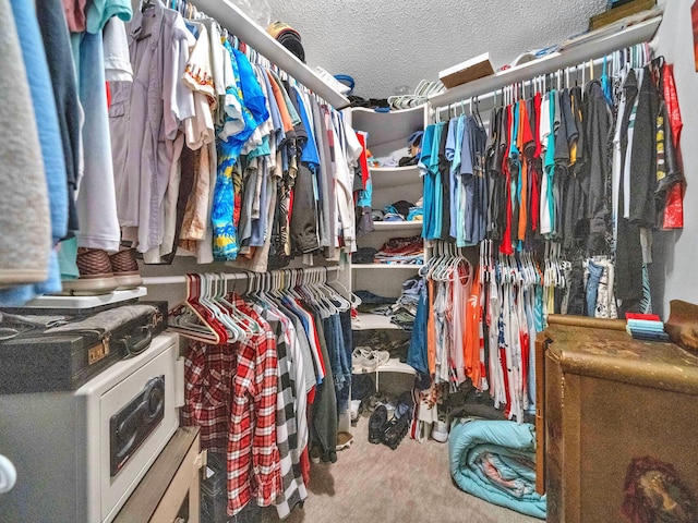 walk in closet featuring carpet flooring