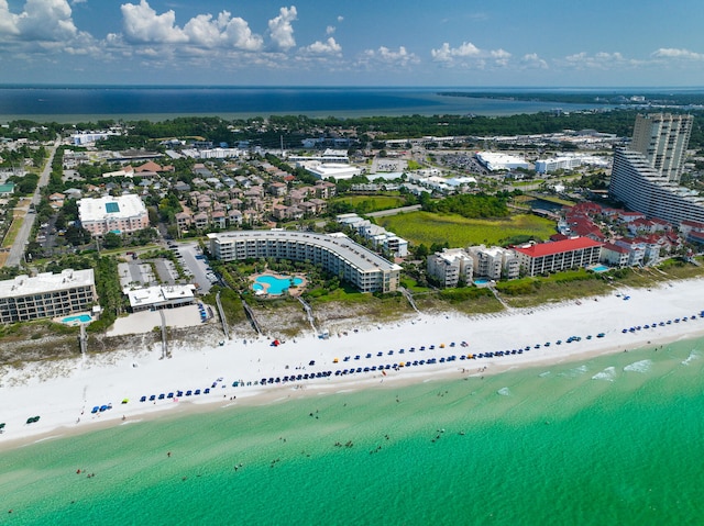 aerial view featuring a water view and a view of the beach