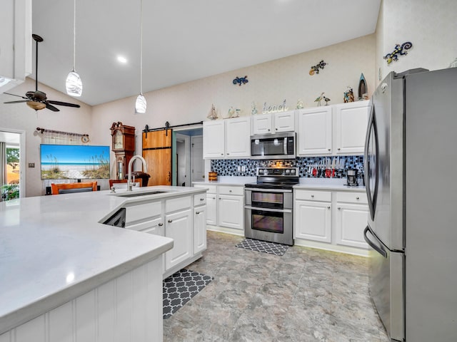 kitchen with sink, hanging light fixtures, a barn door, white cabinetry, and stainless steel appliances