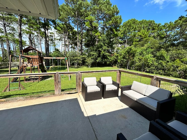 view of patio / terrace featuring an outdoor living space and a playground