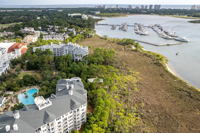 bird's eye view with a water view