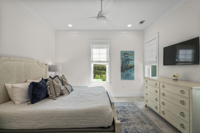 bedroom with visible vents, baseboards, recessed lighting, and ceiling fan