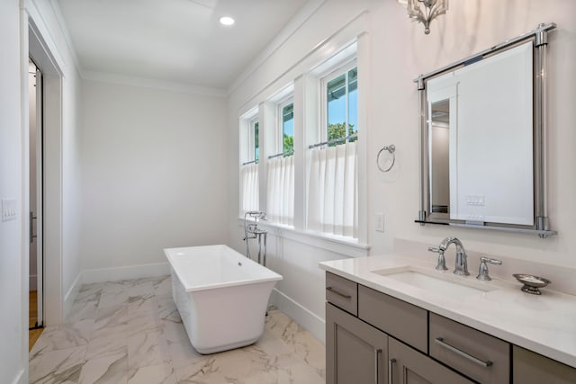 bathroom with a tub to relax in, ornamental molding, tile patterned flooring, and vanity