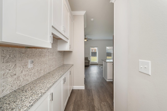 kitchen featuring white cabinetry, light stone countertops, dark hardwood / wood-style flooring, and tasteful backsplash