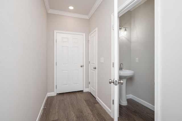 bathroom with crown molding, sink, and wood-type flooring