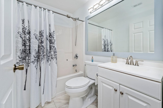 full bathroom featuring tile patterned floors, toilet, shower / bath combo with shower curtain, and vanity