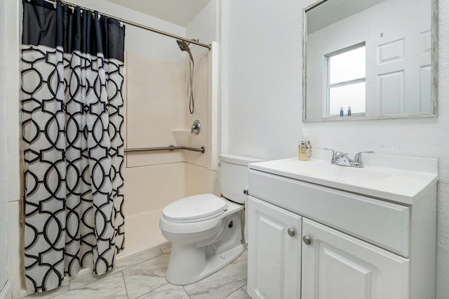 full bathroom with tile patterned flooring, toilet, shower / bath combo with shower curtain, and vanity