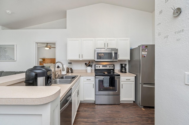 kitchen with sink, dark wood-type flooring, ceiling fan, stainless steel appliances, and lofted ceiling