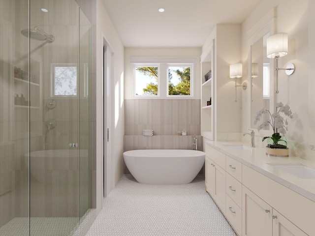 bathroom with vanity, tile patterned floors, tile walls, and independent shower and bath