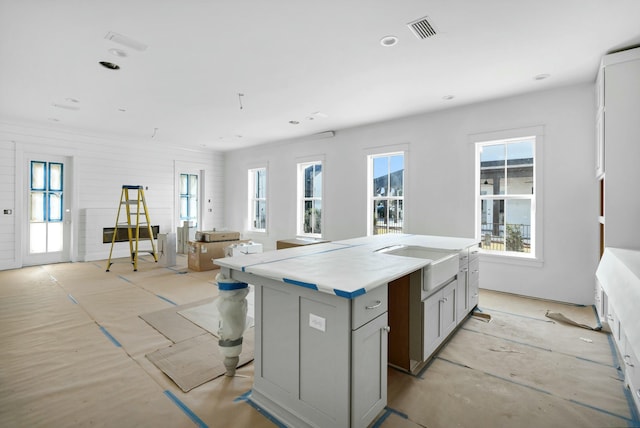 kitchen featuring a center island with sink and gray cabinetry