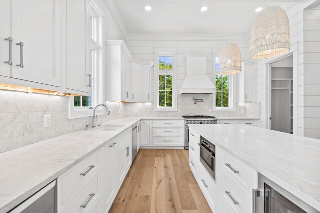 kitchen featuring custom range hood, light wood-type flooring, stainless steel appliances, white cabinetry, and sink