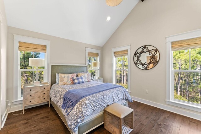 bedroom with multiple windows, high vaulted ceiling, and dark wood-type flooring