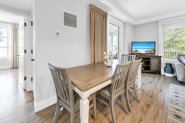 dining space featuring light wood-type flooring, visible vents, and baseboards