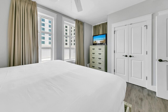 bedroom with hardwood / wood-style floors, ceiling fan, and a closet