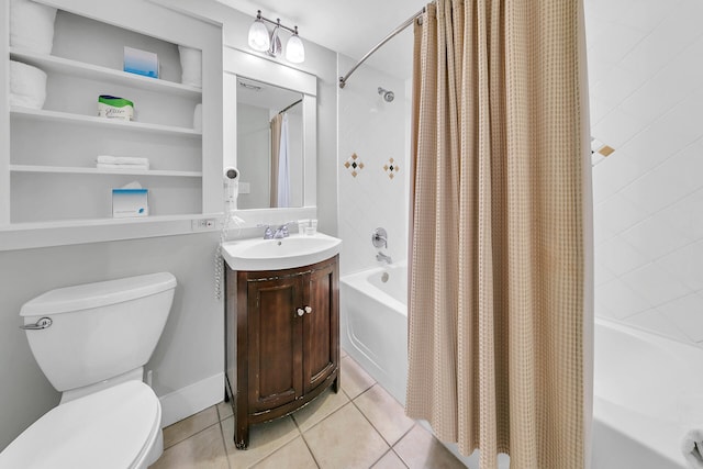 full bathroom featuring tile patterned flooring, toilet, shower / tub combo with curtain, and vanity