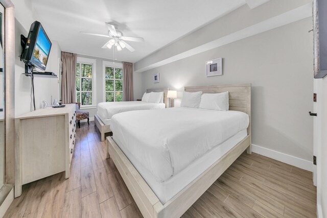 bedroom with ceiling fan and light hardwood / wood-style flooring