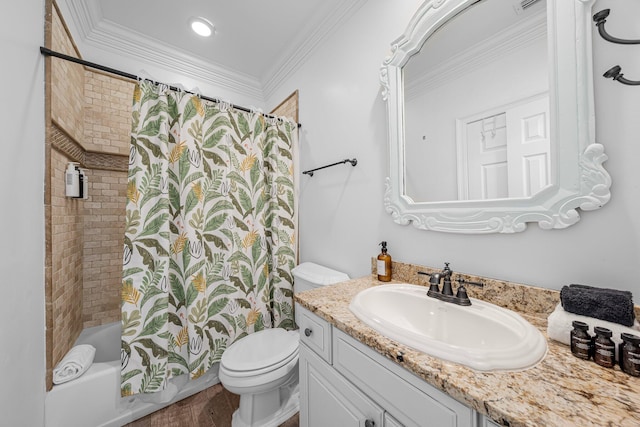 full bathroom featuring crown molding, shower / bath combo, hardwood / wood-style floors, toilet, and vanity