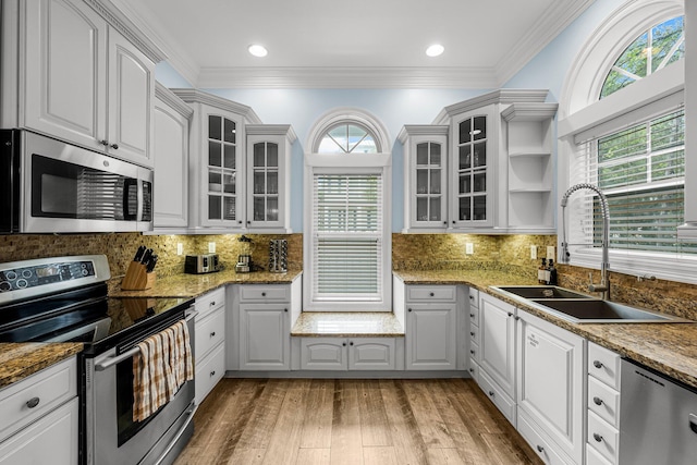 kitchen featuring a healthy amount of sunlight, stainless steel appliances, and white cabinets