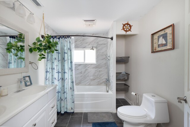 full bathroom with tile patterned flooring, toilet, vanity, and shower / bathtub combination with curtain