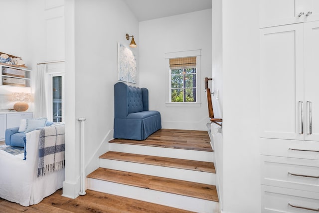 stairs featuring hardwood / wood-style floors