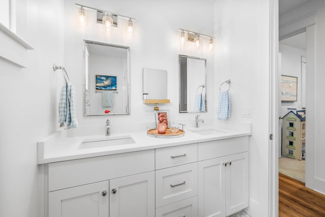 bathroom with vanity and wood-type flooring