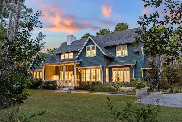 back house at dusk with covered porch and a yard