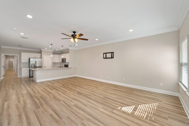 unfurnished living room with light hardwood / wood-style floors, crown molding, and ceiling fan