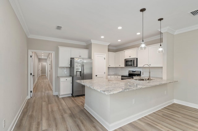 kitchen with stainless steel appliances, sink, kitchen peninsula, and white cabinets