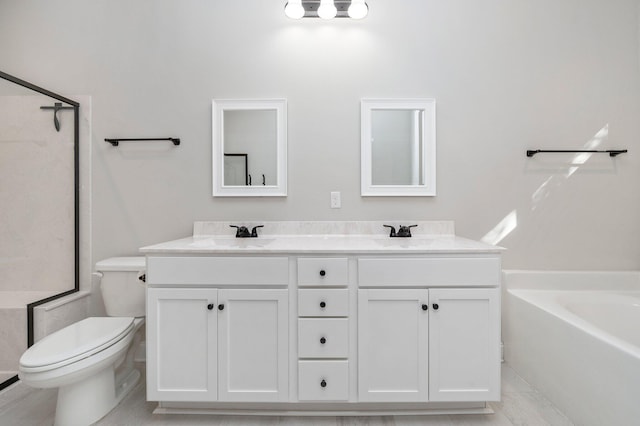 full bathroom with vanity, plus walk in shower, toilet, and tile patterned floors