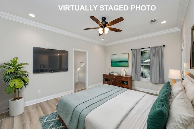 bedroom featuring ornamental molding, light hardwood / wood-style flooring, ensuite bathroom, and ceiling fan