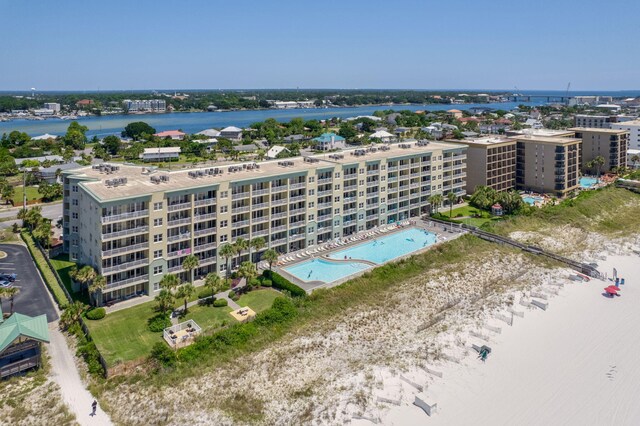 drone / aerial view featuring a water view